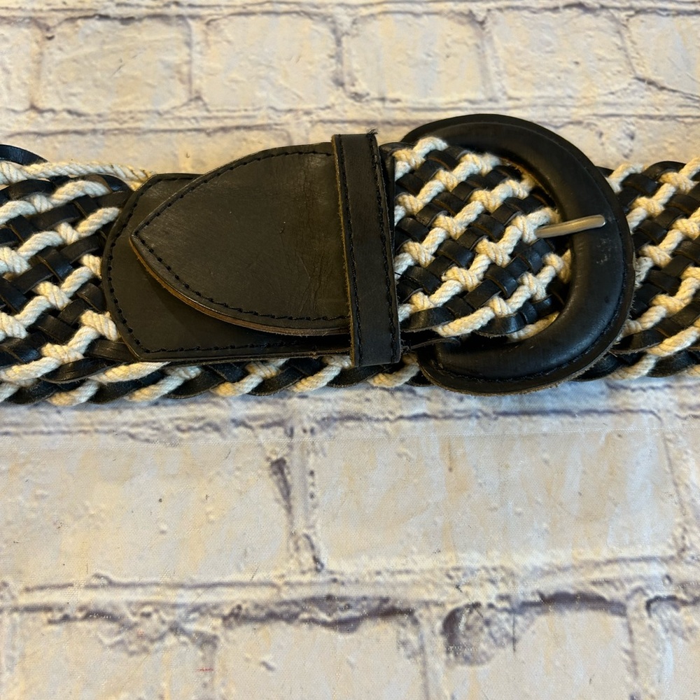APT.9 WIDE BLACK AND CREAM WOVEN ON BRAZILIAN LEATHER INDIA MADE WOMENS BELT L - Picture 5 of 8